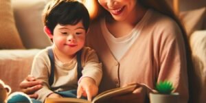A young child with Down syndrome studying at a table with his mom, highlighting the importance of essential vitamins for children with Down syndrome.