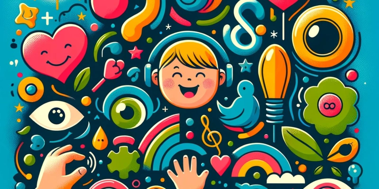 Colorful illustration representing holistic development and care for children with Down syndrome, featuring happy elements like a smiling child, learning tools, and symbols of health and growth.