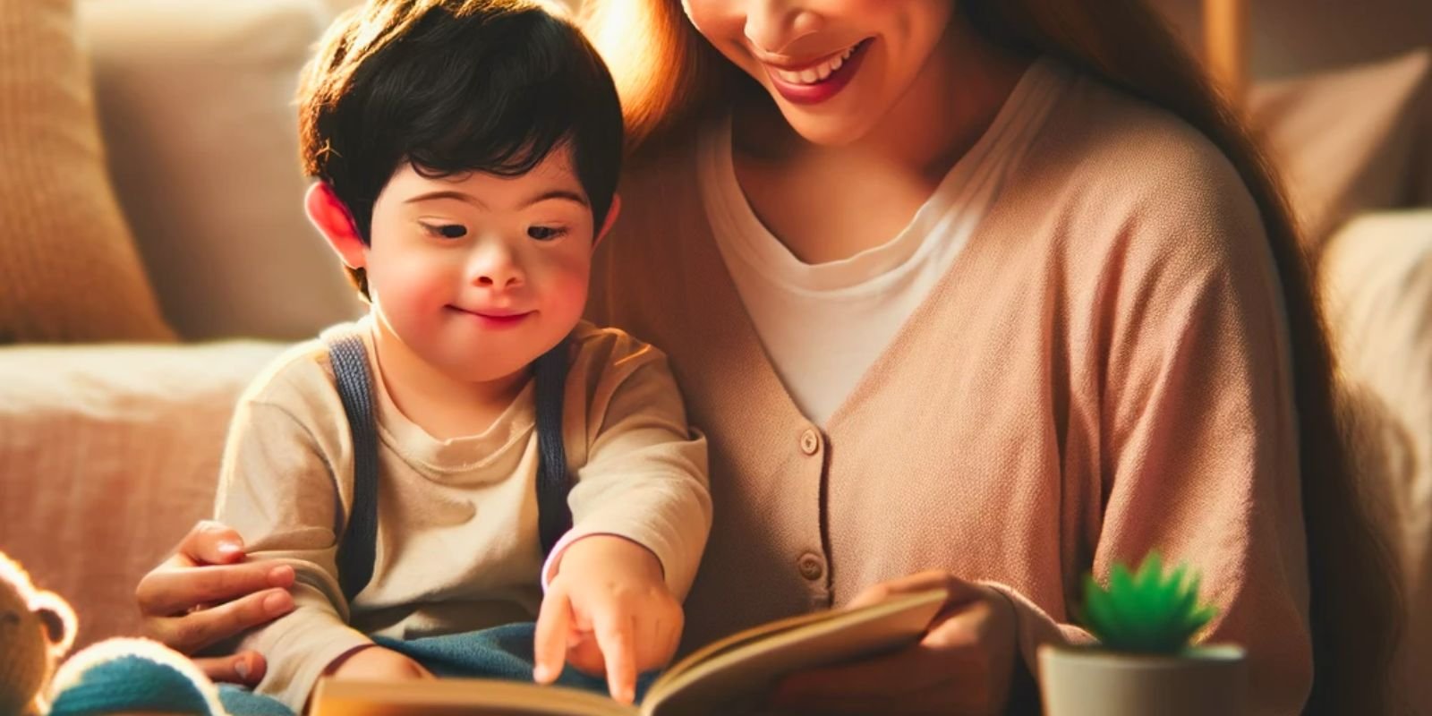 A mother helping her child with Down syndrome learn to read, fostering a love for literacy.
