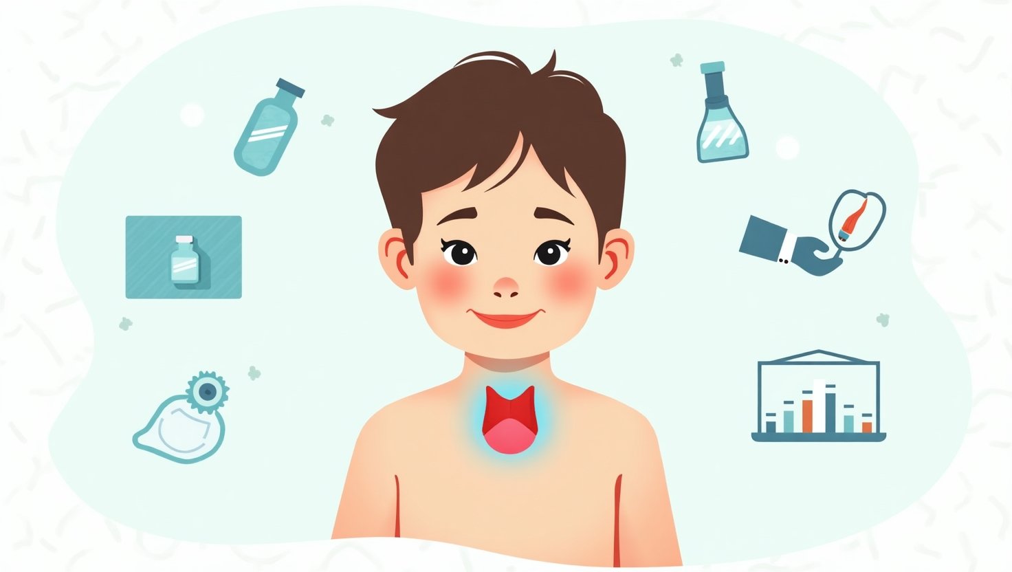 Illustration of a child with Down syndrome with a highlighted thyroid gland and lab test icons representing comprehensive thyroid screening