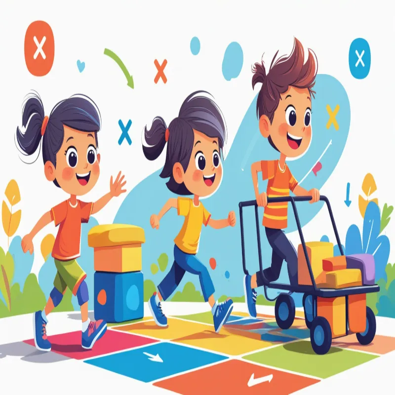 Illustration of children engaged in proprioceptive activities including crab walk, home obstacle course, and heavy cart pulling to improve focus and coordination