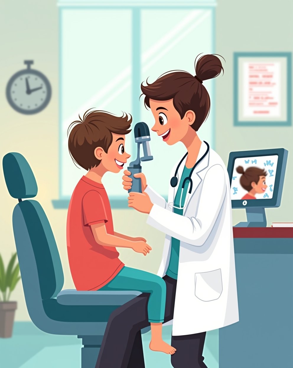 Illustration of a pediatric ophthalmologist examining a child with Down syndrome using advanced non-dilating eye exam equipment.