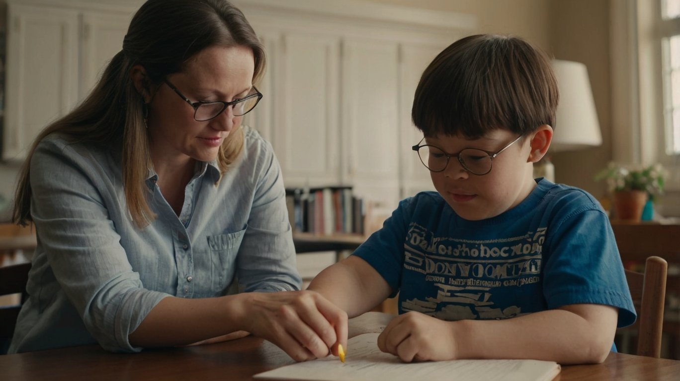 Mother helping her child with Down Syndrome overcome learning challenges related to low muscle tone.